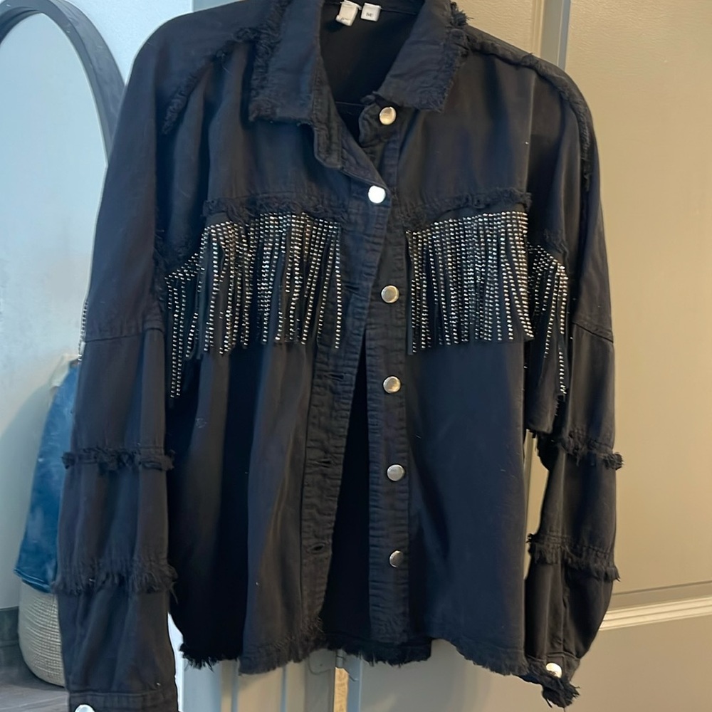 Black studded fringe distresed jacket